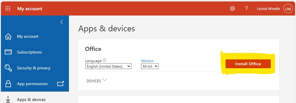 Image showing the My Account page for Microsoft which holds the Install Office button.